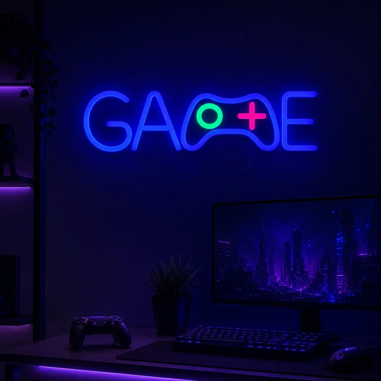 1 Pack GAME LED Neon Sign, Blue Gaming Wall Decor with Controller Shape, Soft Glow Acrylic Backboard, Wall Mounted Neon Light for Gamer Bedroom, Boys Dorm, Teen Room, Streaming Setup, Esports Lounge, Birthday Party Decoration, Decorative Neon Sign