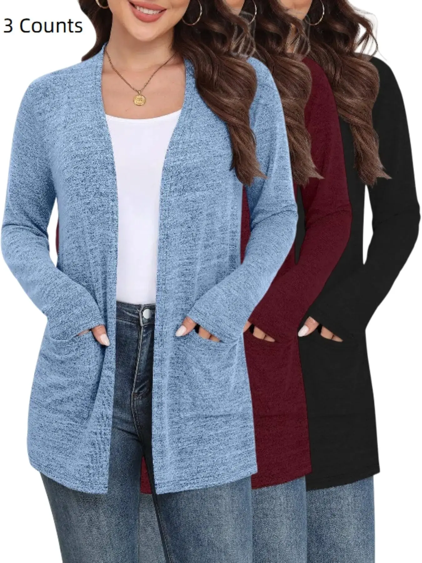 Women 1/3/piece  Casual Open Front Knit Cardigan, Long Sleeve Relaxed Fit Mid-Length Outerwear, Side Pockets, Daily Layering Coat