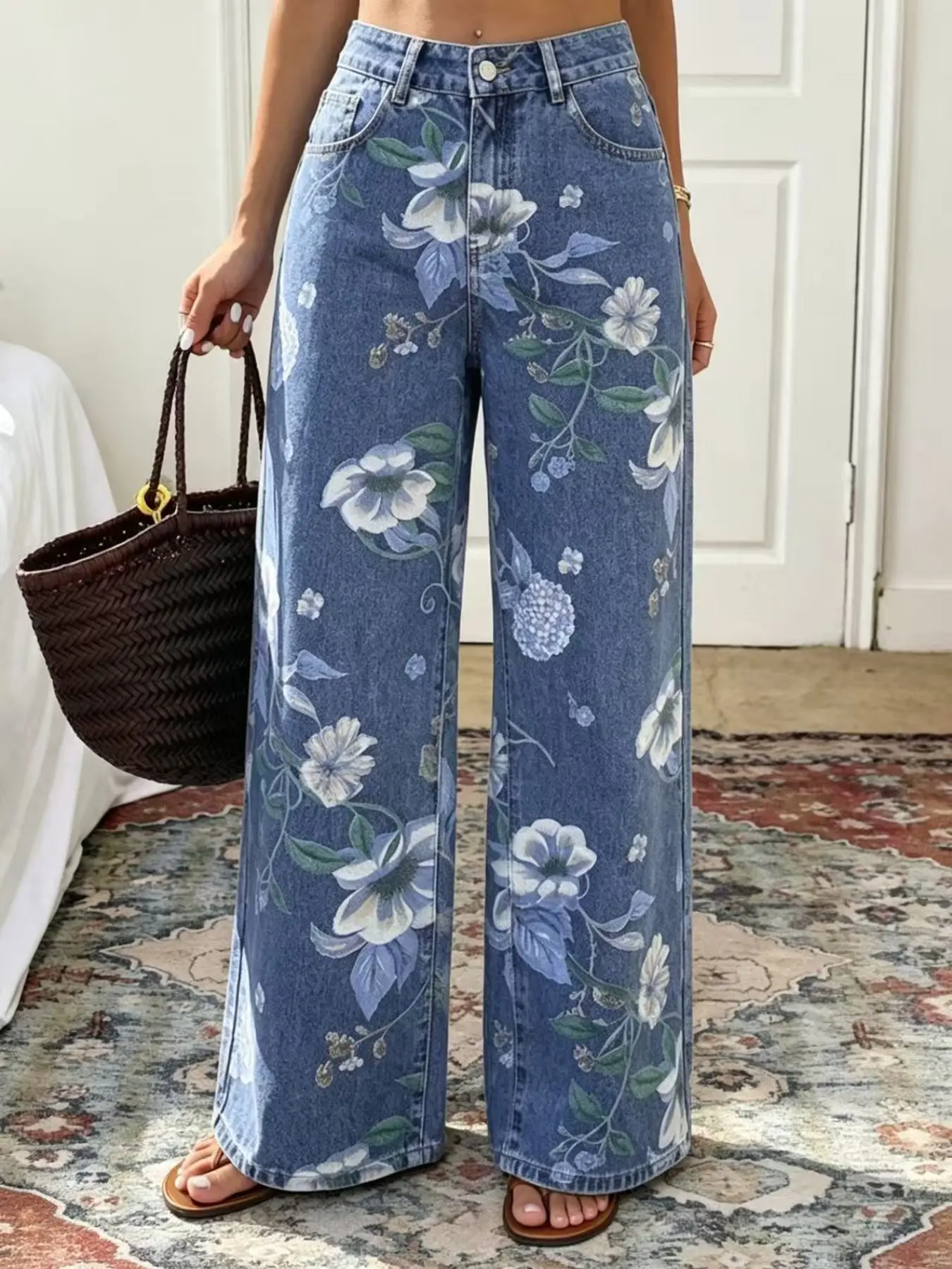 GILIPUR1 Y2K Retro Blue Floral Print Wide-Leg Jeans – Women's High-Waisted, Non-Stretch, Oversized, Loose-Fit, Baggy, Drapey, Floor-Length Straight-Leg Trousers (Versatile Streetwear/Commuter Style) – TChic