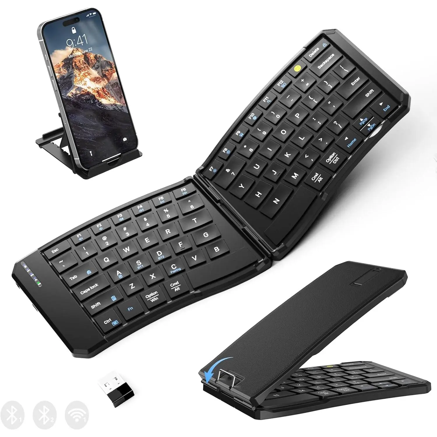 Foldable  Keyboard, 3-Device -Mode | 2.4G+BTx2 Ultra Slim Portable  Folding Travel Keyboard for Windows, iOS, Android, ,  Use