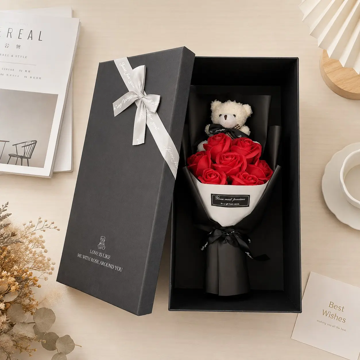 Realistic Rose Bouquet, Artificial Flowers Bouquet, Bear Gift Box Arrangement, Perfect for Holidays, Birthdays, Weddings, Home Decor, Mother's Day, Valentine's Day