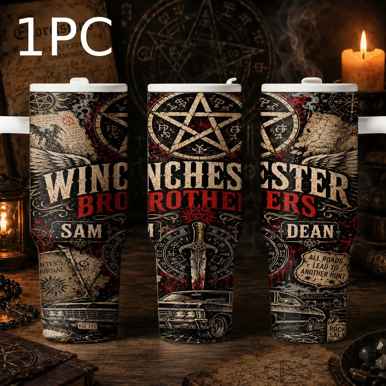 Supernatural Winchester Brothers 40oz Tumbler, Stainless Steel Insulated Travel Mug with Straw, Hunter Coffee Cup Gift