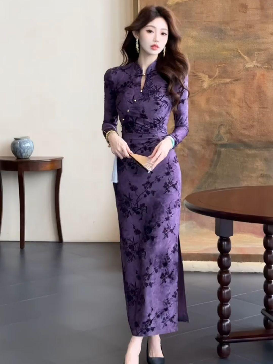 Early Autumn New Chinese Style Improved Cheongsam Light Luxury High-end Feel Various Styles Purple Printed Button Dress for Women
