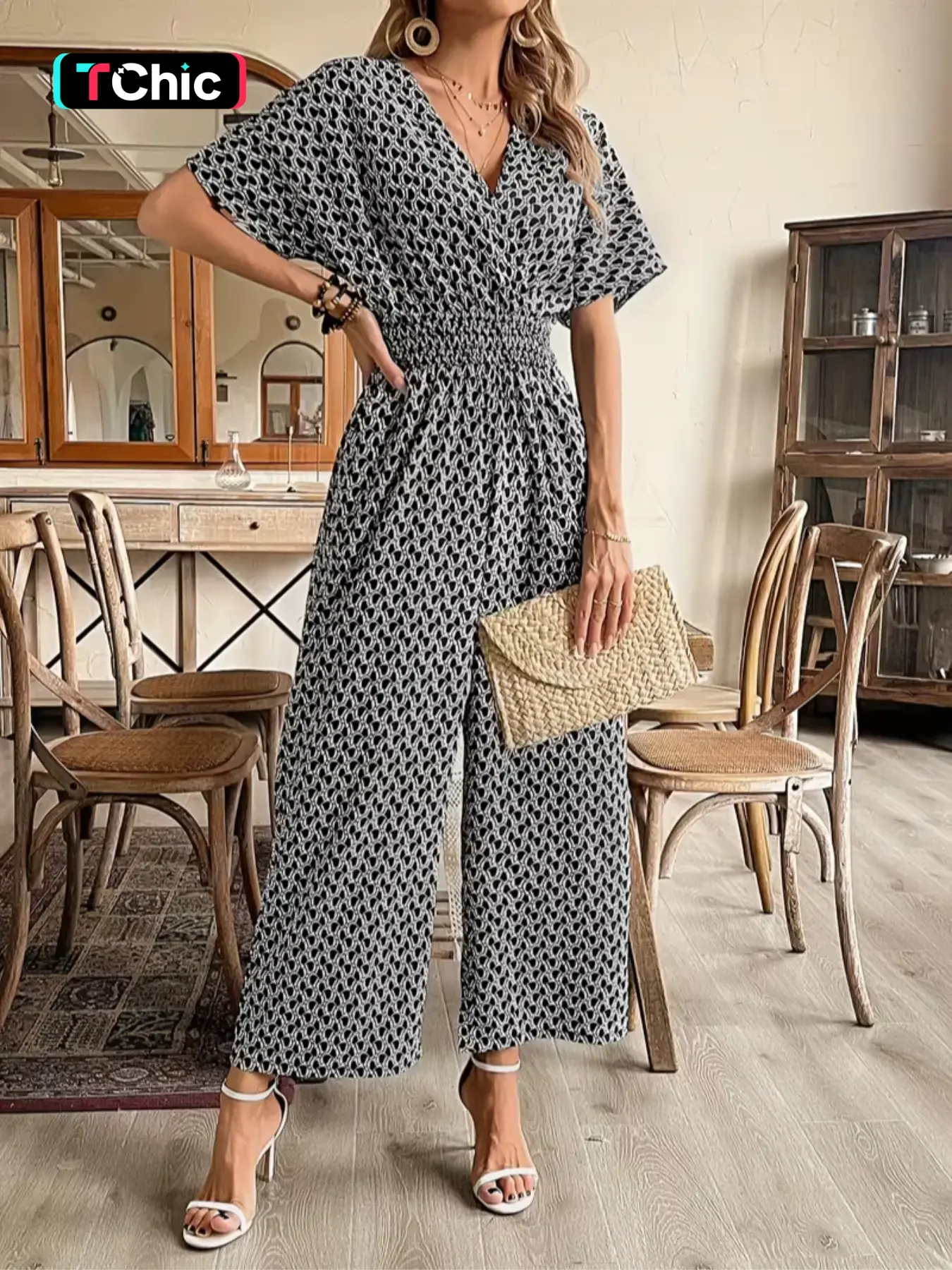 New Casual Vacation Cross V-Neck Cinched High Waist Slimming Fit Geometric Jumpsuit, European and American Style, Women's Fashion One-Piece Pants