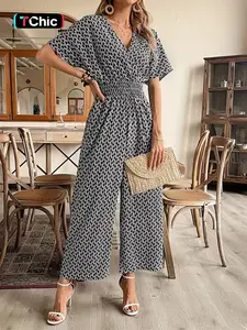 New Casual Vacation Cross V-Neck Cinched Waist Slimming Jumpsuit, European and American Style, Women's Fashion One-Piece Pants