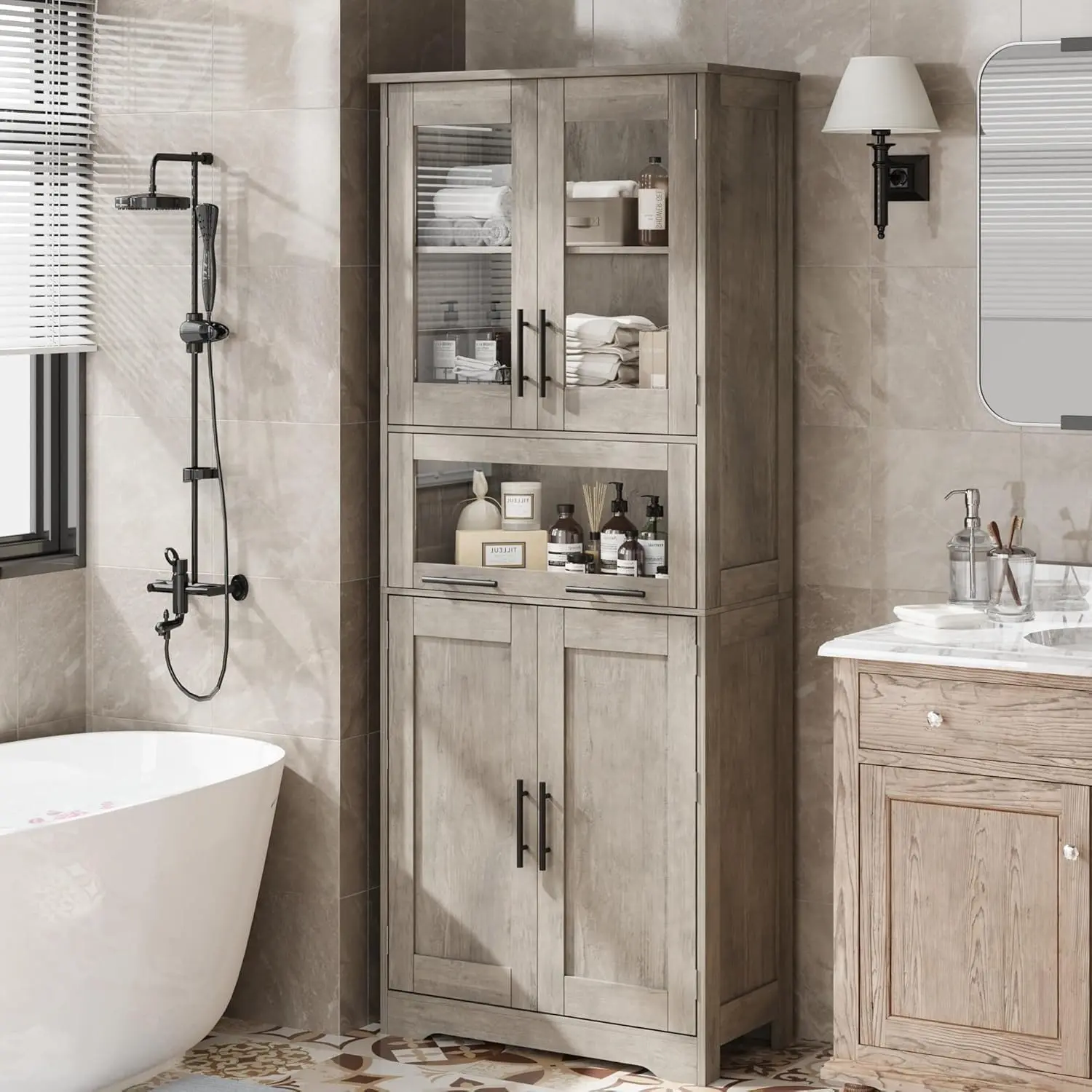 67" Modern Tall Freestanding Storage Cabinet – Glass Doors, 5 Adjustable Shelves, Drawer, Damp-Resistant MDF, Space-Saving Organizer for Bathroom, Kitchen