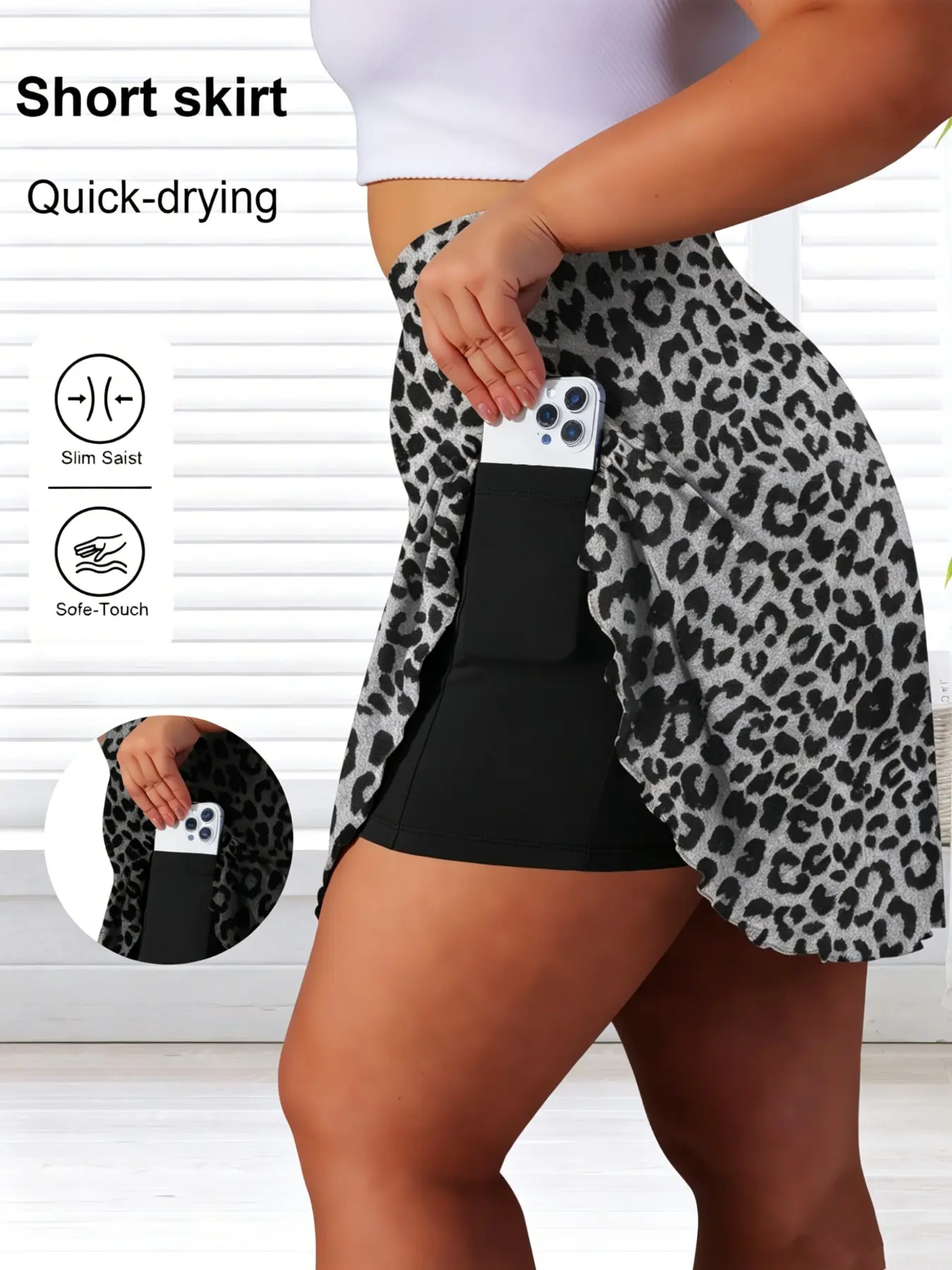 Plus Size Women Leopard Print Culottes Skirt, Active Skort Skirt, Side Pockets, High Elasticity Comfortable Fabric, Ideal for Daily Wear and Sports, Casual Sporty Skorts