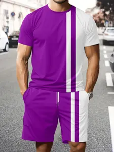 Men's Colorblock Vertical Stripe Set, Patchwork Short Sleeve Tee + Slim Fit Shorts, Casual Knee-Length for All Seasons