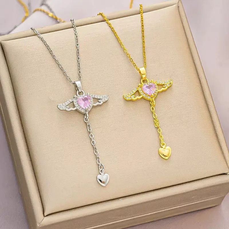 Angel Pendant Necklace with Movable Wings & Cupid Heart - Chain Jewelry Necklaces, Angelic Form, Copper Base, Geometric, Light Luxury High-End Simple Casual Wear Accessory, Exquisite Birthday Gift, Heart Theme, Polished Finish, Female, Coated Metal, Gift-