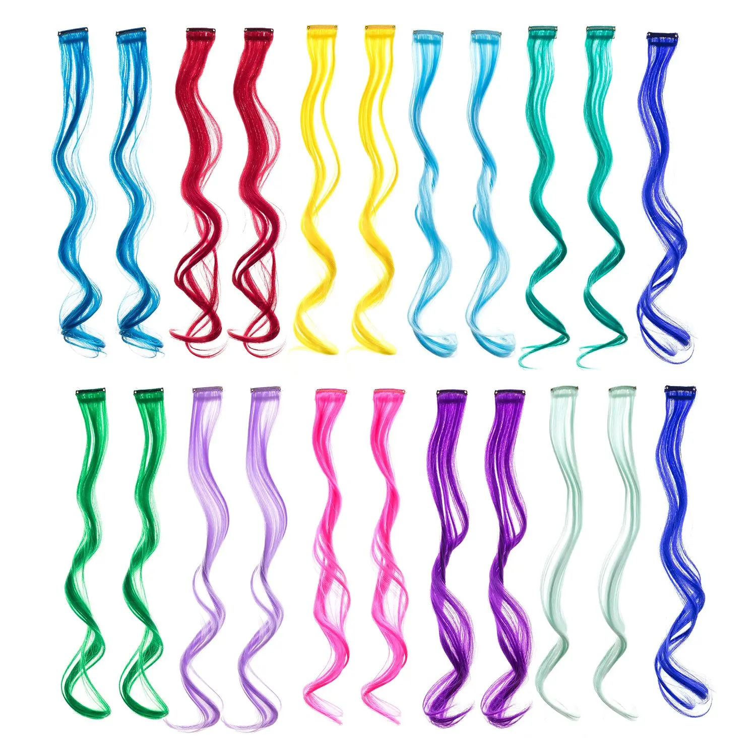 22 count Colored Party Highlights Clip  in Hair Extensions For Women Multi-Colors Hair Streak Synthetic Hairpieces (11 Colors 22 count in Set -Curly Wavy)