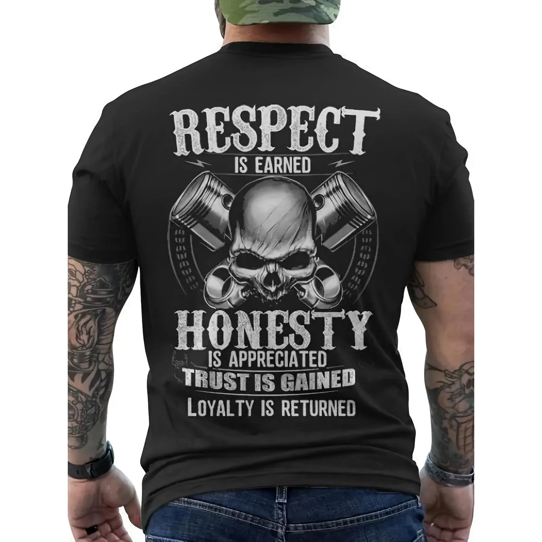 Casual Short-Sleeve Round Neck T-Shirt for Men Featuring a Back Print of a Skull And Piston Design, Designed for a Loose Fit. Ideal for Urban Style, Gym, Outdoor Activities, And Everyday Wear, And It'S Machine Washable cotton graphic tee trendy streetwear
