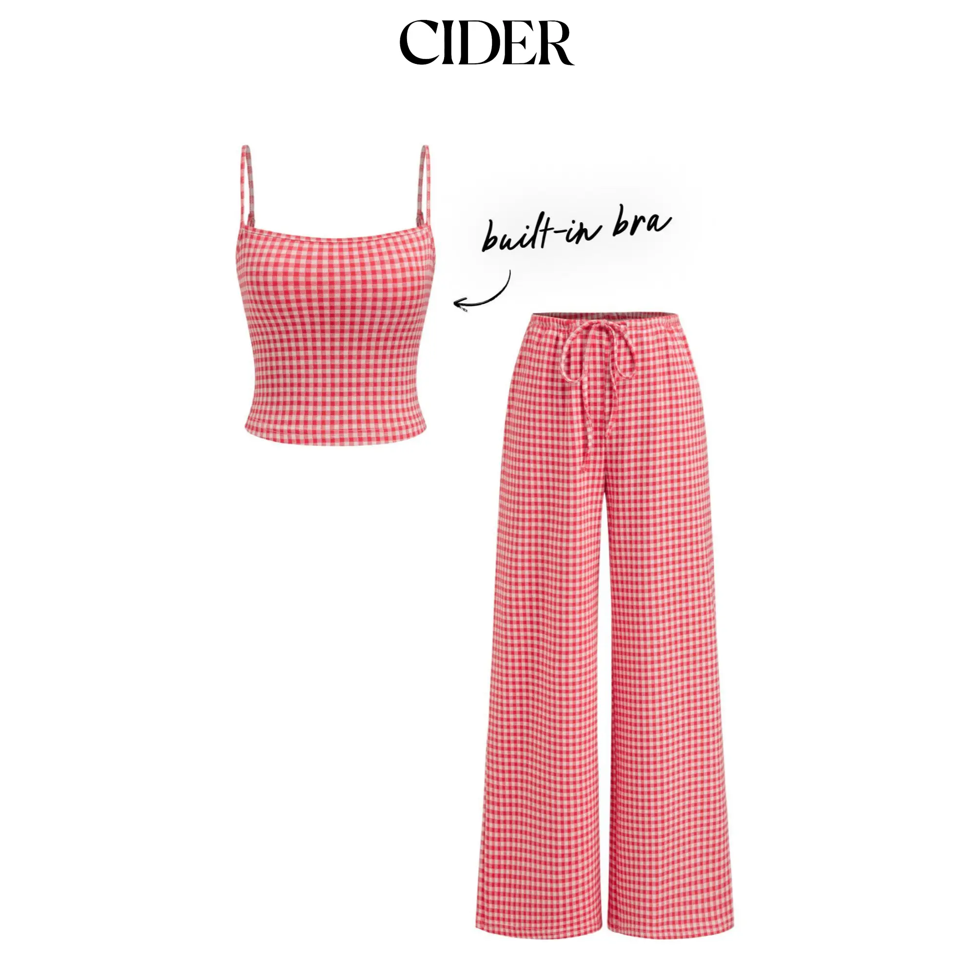 Cider Built-in Bra Square Neck Gingham Cami Top & Mid Rise Drawstring Straight Leg Trousers Loungewear Set
