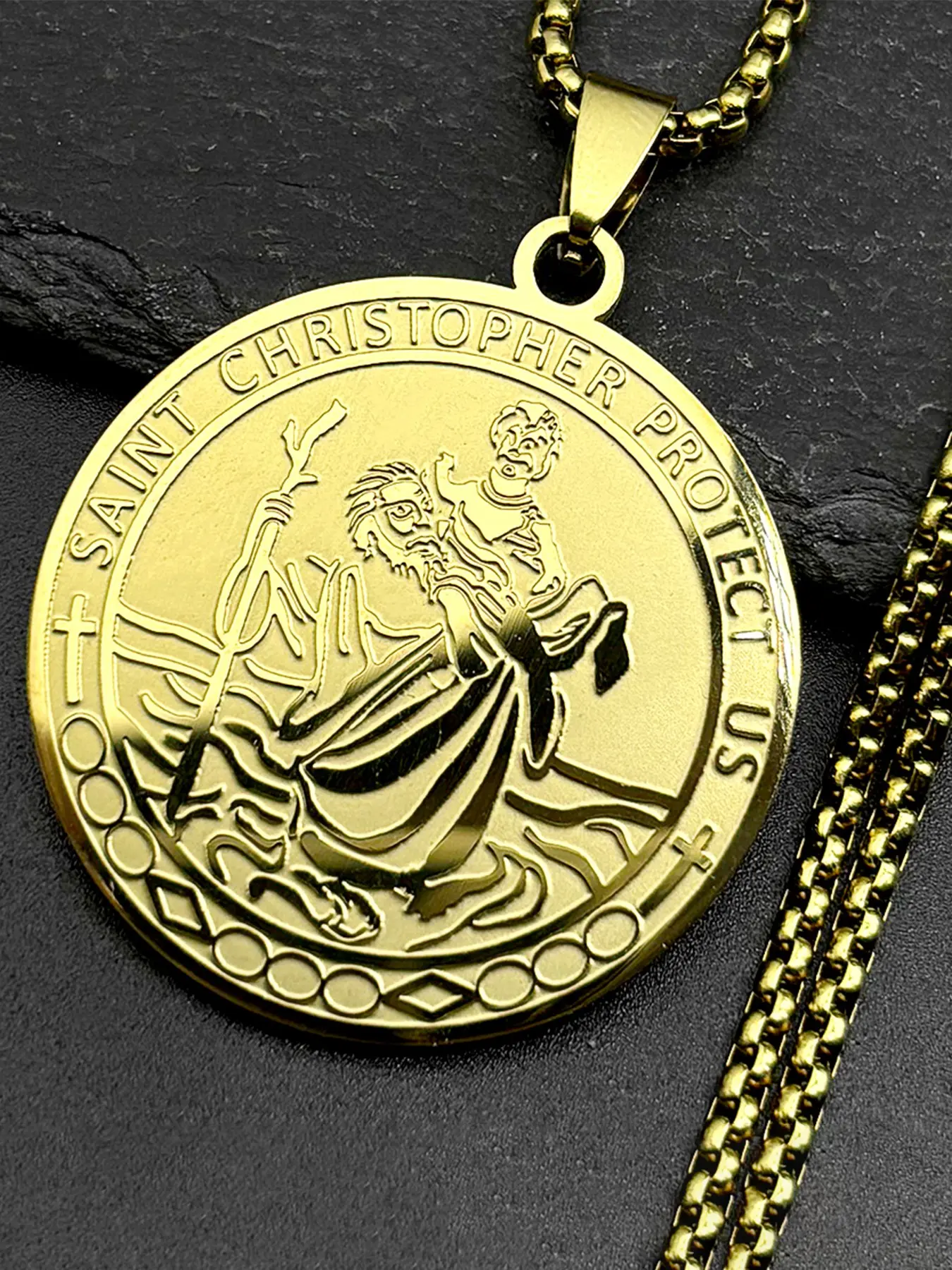 Saint Christopher Protect Us Pendant Necklace for Women Men Stainless Steel Gold Color Christian Religious Amulet Chain