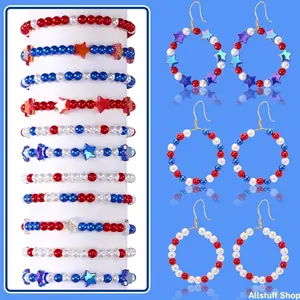Handmade Jewelry Making Kit: A Box of 24 Grids Includes 900pcs of 6Mm Round Red, White, And Blue Beads + 90pcs of 11Mm Pentagram Beads + Elastic Thread
