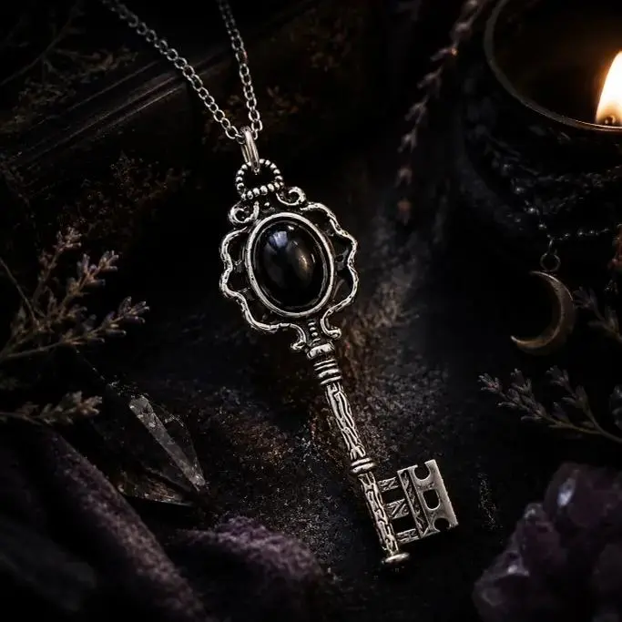 Antique Key Shape Witchy Necklace - Gothic Boho Mystic Style, Dark Feminine Jewelry with Black Obsidian Gemstone, Vintage Skeleton Key Pendant, Spiritual Protection Charm Necklace Gift for Women