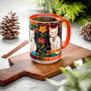 Stained Glass Style Cat Ceramic Coffee Mug, Vibrant Mosaic Bookish Kitty Cottagecore Tea Cup, Sentimental Book Lover Cat Mom Gift For Bibliophiles Birthday Christmas Galentine Book Club Housewarming Present
