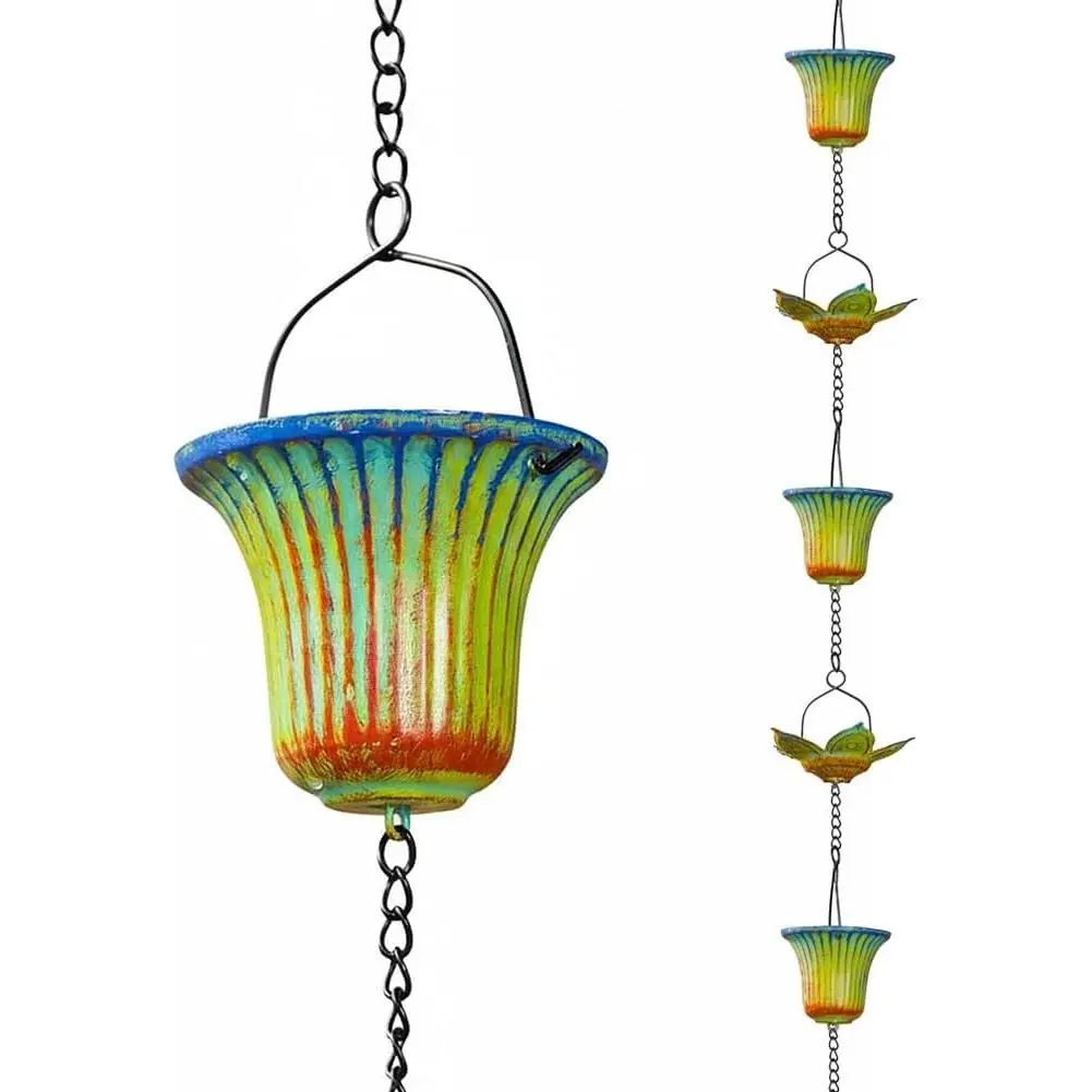 Rain Chains for Gutters, 11 FT Rain Catcher Chains with 16 Cups, Adjustable Rain Chain for Outside,  for Downspout, Eaves, Drainage