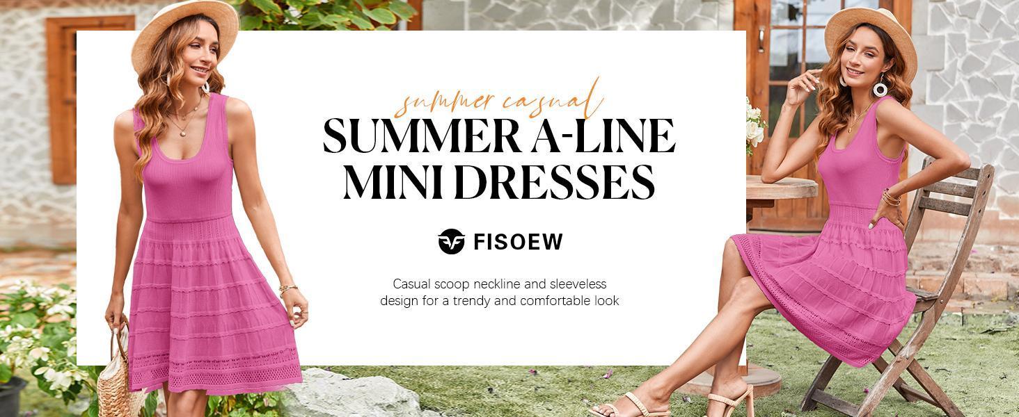 Fashare Womens Summer Mini Dresses Casual Crewneck Knitted Crochet Hem Flowy Tank Sundress  Sleeveless sundress prom dress