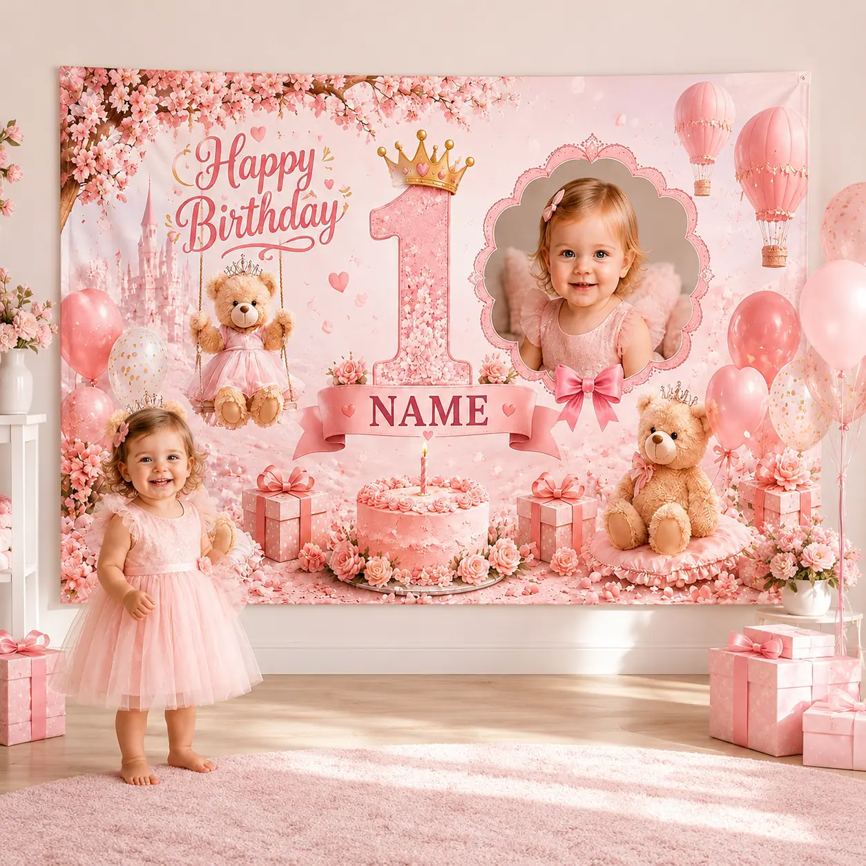 Personalized Pink Teddy Bear 1st Birthday Backdrop - Custom Name Crown Number 1 Photo Banner, Sweet Baby Party Floral Decor (Festive & Home Supplies)