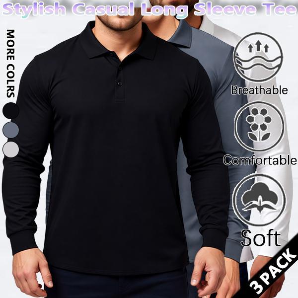 Men's Fitness All-Season Comfortable T-Shirt, Versatile Long-Sleeve Polo Shirt, Lapel Collar, Casual, Elastic, Solid Color, Slim Fit, Wrinkle-Free, Breathable, Figure-Flattering
