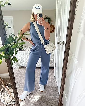 OFEEFAN Two Piece Sets for Women Summer Outfits Lounge Sets Mock Neck Tops Wide Leg Crop Pants Vacation Travel Outfits Silky Casual SpringStatements