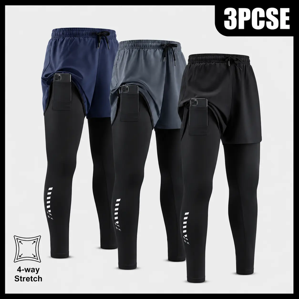Men's 2 in 1 Running Shorts with Compression Leggings  Stretch Workout Pants Phone Pocket Towel Loop Athletic Gym Tights Training Jogging Basketball Track Pants Lightweight Breathable Sports Activewear Casual Black Grey Navy durable outdoor training pant