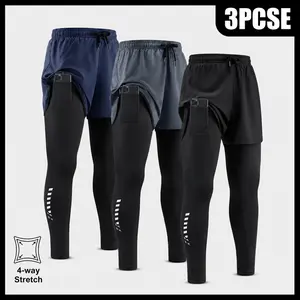 Men's 2 in 1 Running Shorts with Compression Leggings 4-Way Stretch Workout Pants Phone Pocket Towel Loop Athletic Gym Tights Training Jogging Basketball Track Pants Lightweight Breathable Sports Activewear Casual Black Grey Navy