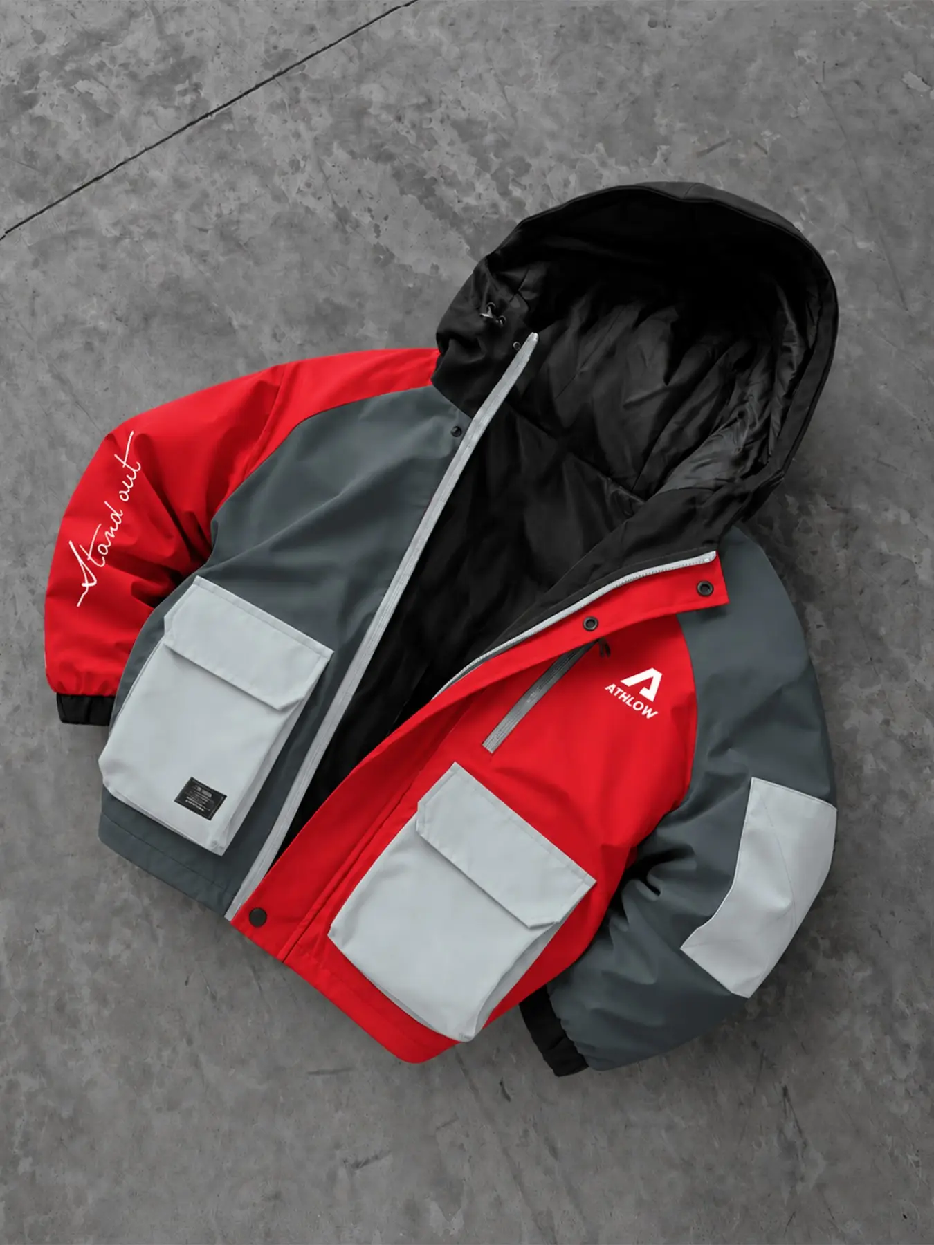 Men's Functional Hooded Work Jacket, Retro Three-Color Patchwork, Multiple Large Pockets, Zipper and Snap Front, Outdoor Practicality