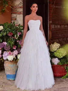 Dreamy Romantic Strapless Wedding Dress, Layered Ruffle Tulle Skirt, A-Line Midi, Perfect for Classic Weddings, Graduations, Formal Events