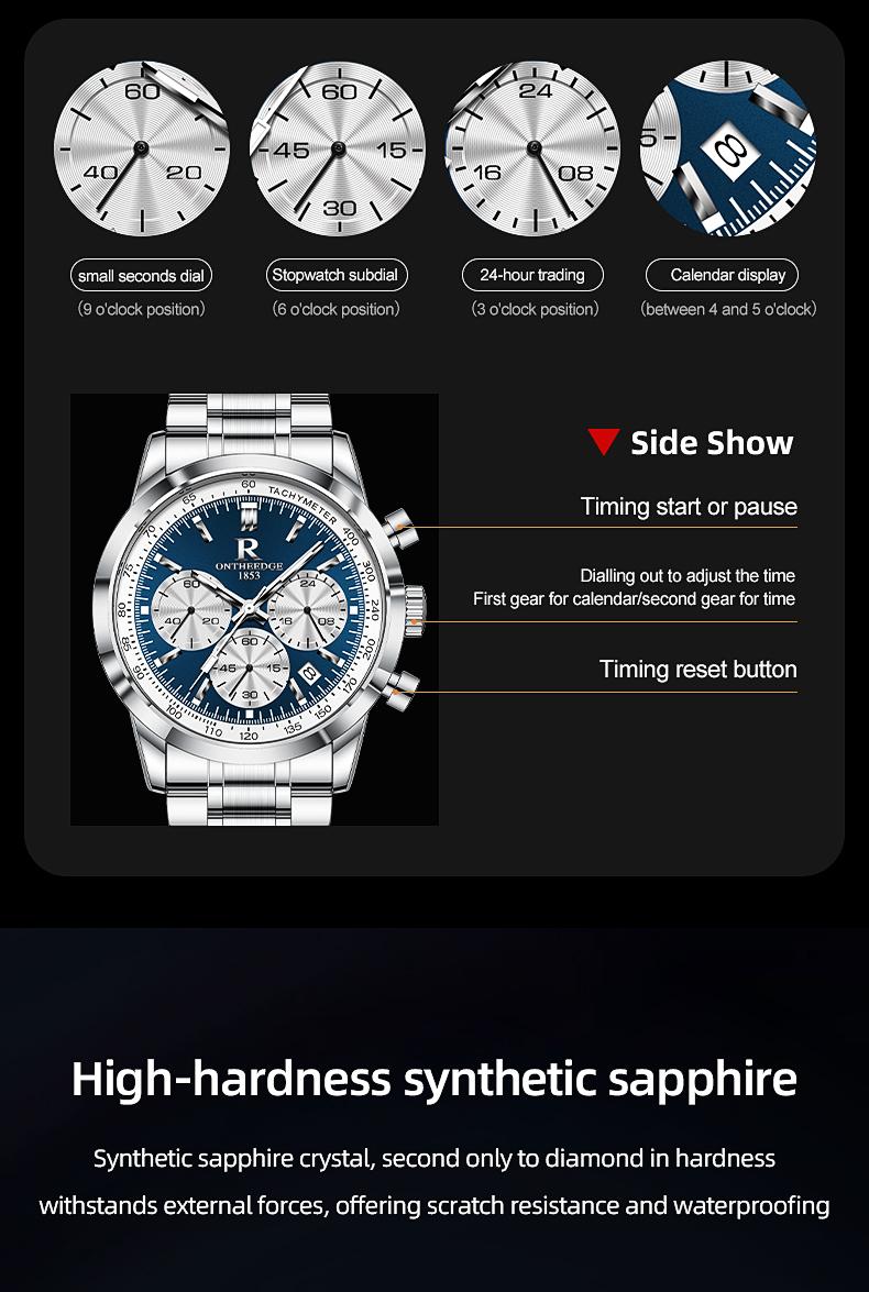 Men's Luxury Blue Dial Chronograph Quartz Watch - Stainless Steel Wristwatch with Tachymeter, Date Display, Multi-Function Subdials, Elegant Business Sport Dress Watch, Perfect Gift for Husband Dad Boyfriend