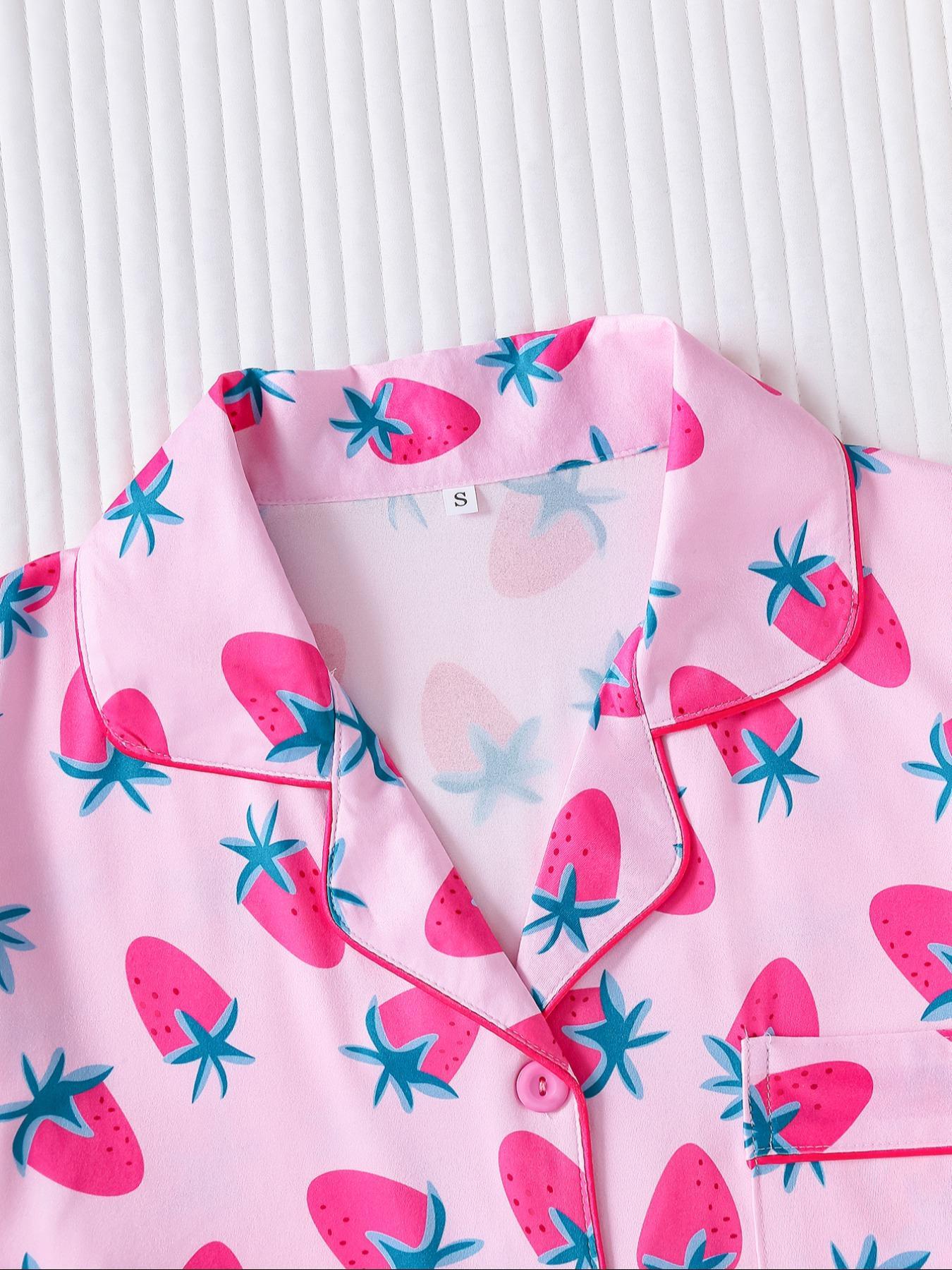 Two-piece Set Women's Cherry Print Top & Shorts Pyjama, Casual Comfy Short Sleeve Collared Top & Shorts Set, Ladies Sleepwear for Summer Pajama Set