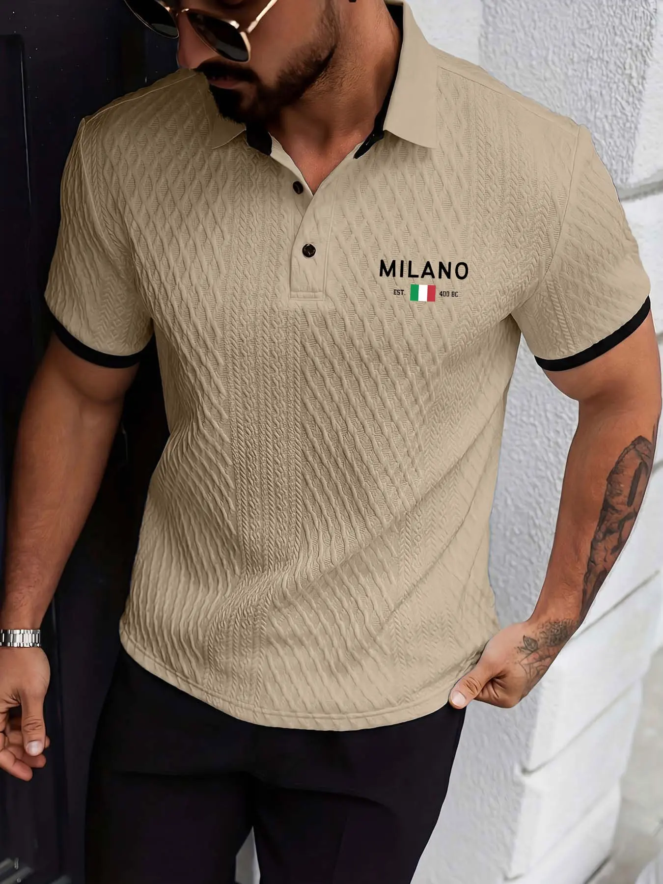 Men's Colorblock Polo Shirt with Button Short Sleeve, Italian Element Print, Geometric Pattern, Slim-Fitting, Casual Daily Wear
