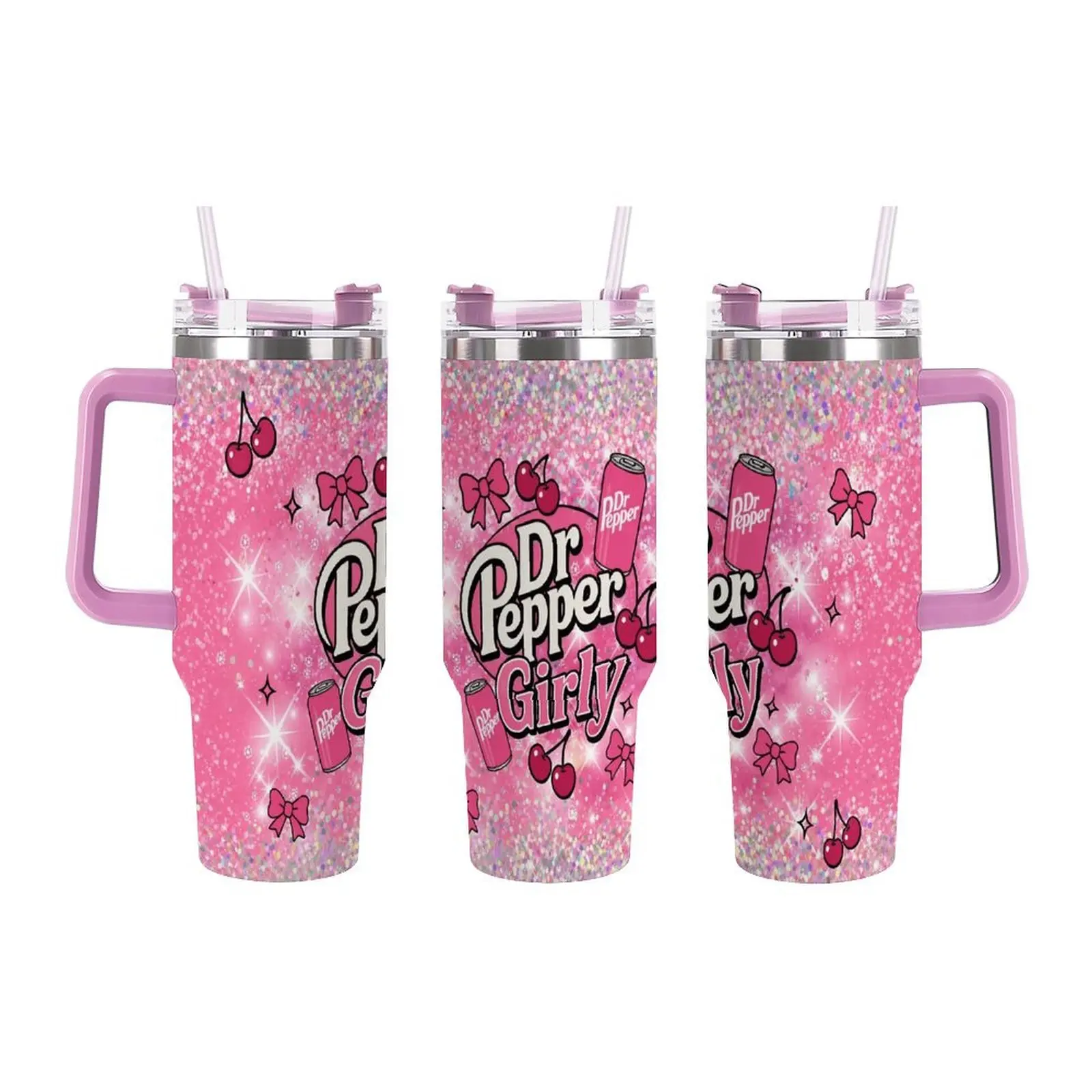 Bright Pink Glitter Cherry Dr Pepper 40oz Stainless Steel Insulated Tumbler with Pink Handle Lid Straw, Double Wall Vacuum Large Travel Coffee Mug, Shiny Sparkle Pink Soda Fruit Print, Coquette Gift for Women Teen Girls