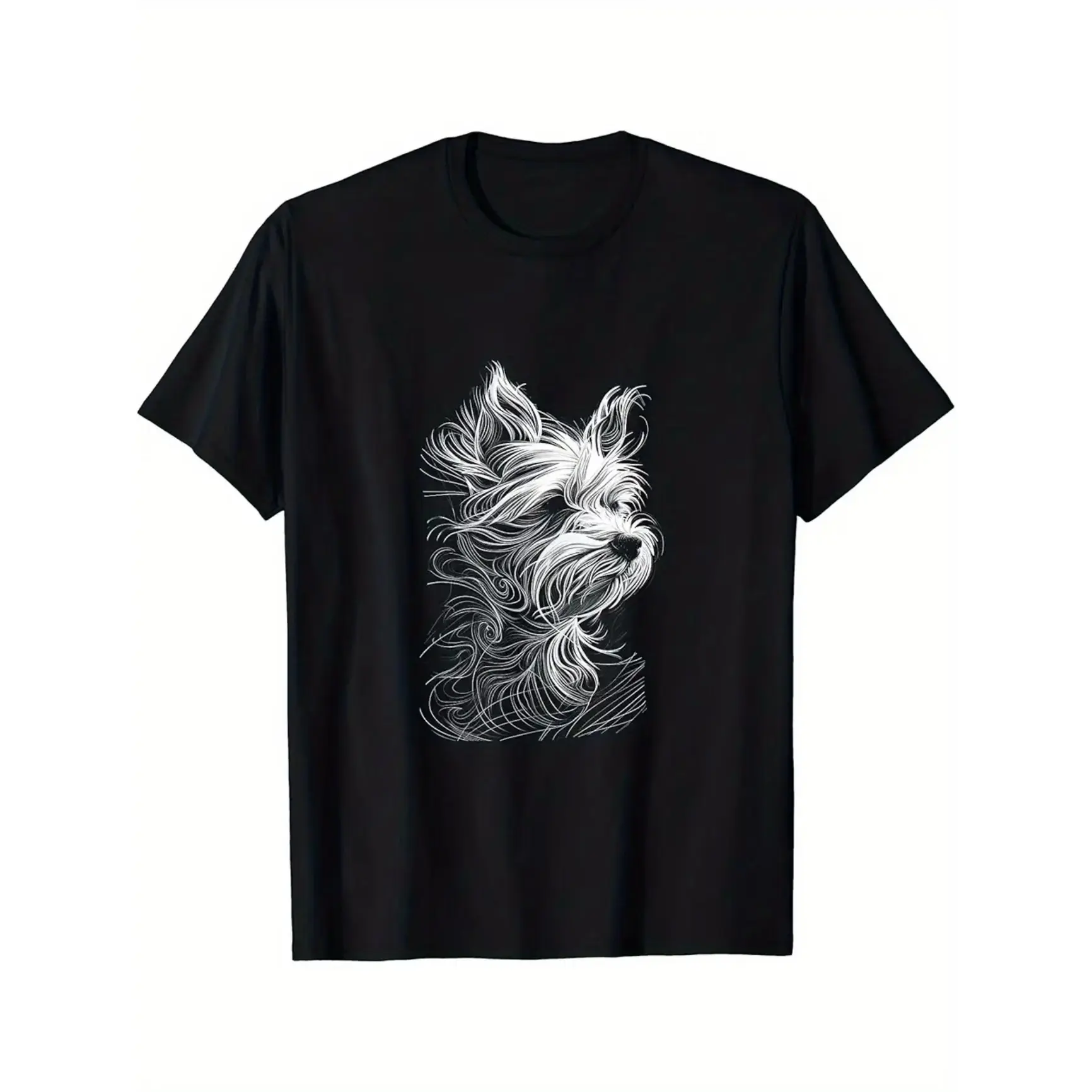 Yorkshire Terrier Sketch Line Art Graphic Oversized Pure Cotton Black T-Shirt, Cute Comfort Fashion Crew Neck Short Sleeve Outfit, Yorkie Dog Owner Casual Tee, Perfect Valentine Holiday Gift For Yorkie Lovers, Dog Parents, Boyfriend & Pet Loving Family Me