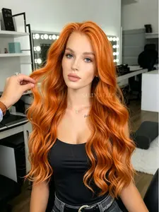 Ginger Orange Big Wavy Synthetic Wig, Fashion Wig, 13x4 HD Transparent Lace Front Wig Pre-Plucked Hairline for Women Daily Date Concert Music Festival 28 Inch