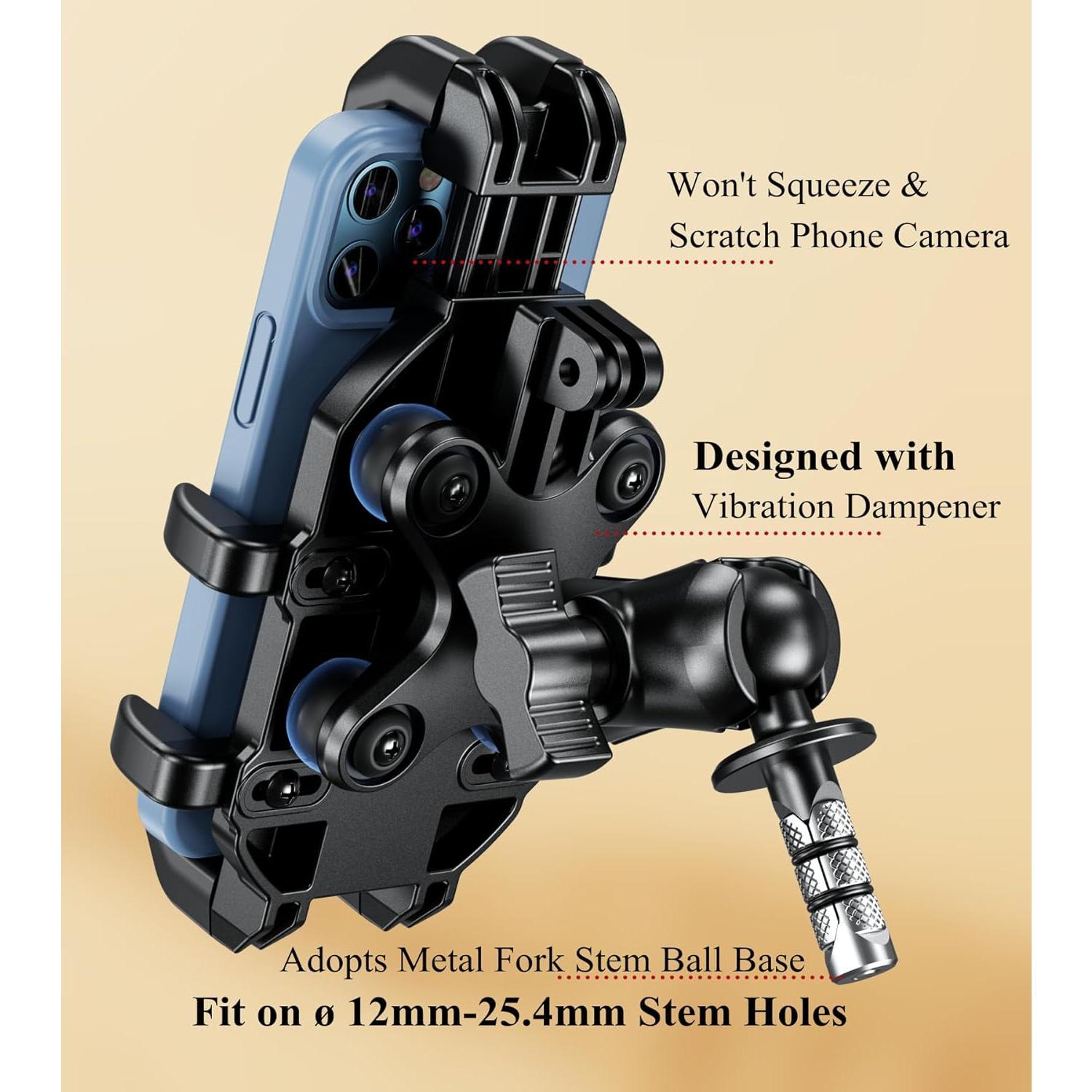 Fork Stem Phone Mount Holder with Vibration Dampener, Heavy Duty Cellphone Cradle Fit Stem Tubes 12mm-25.4mm in Diameter, Adjustable for 5.4-6.9'' Smartphone