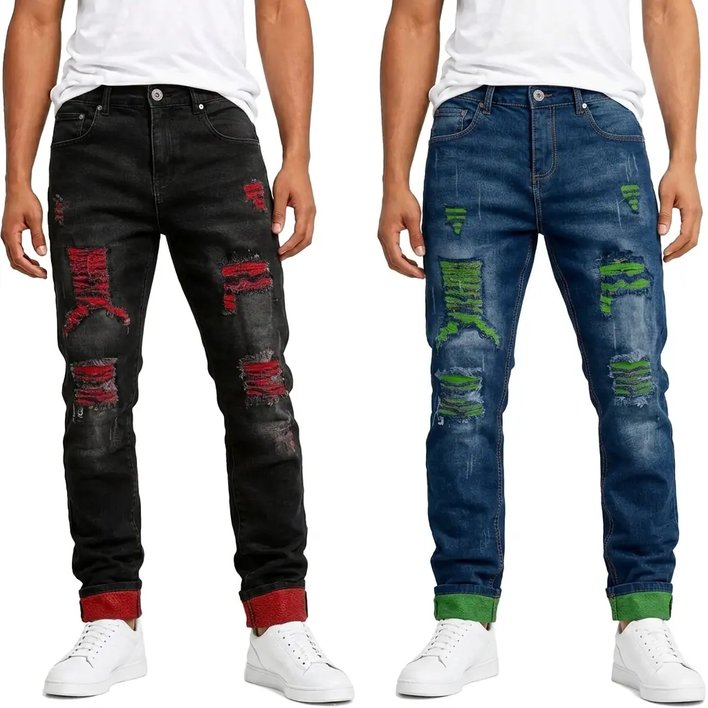 Men's 2-Pack Slim Fit Vintage Ripped Jeans, 90s Retro Distressed Colorblock Patch Stretch Denim, Below-Ankle All Season Casual Pants