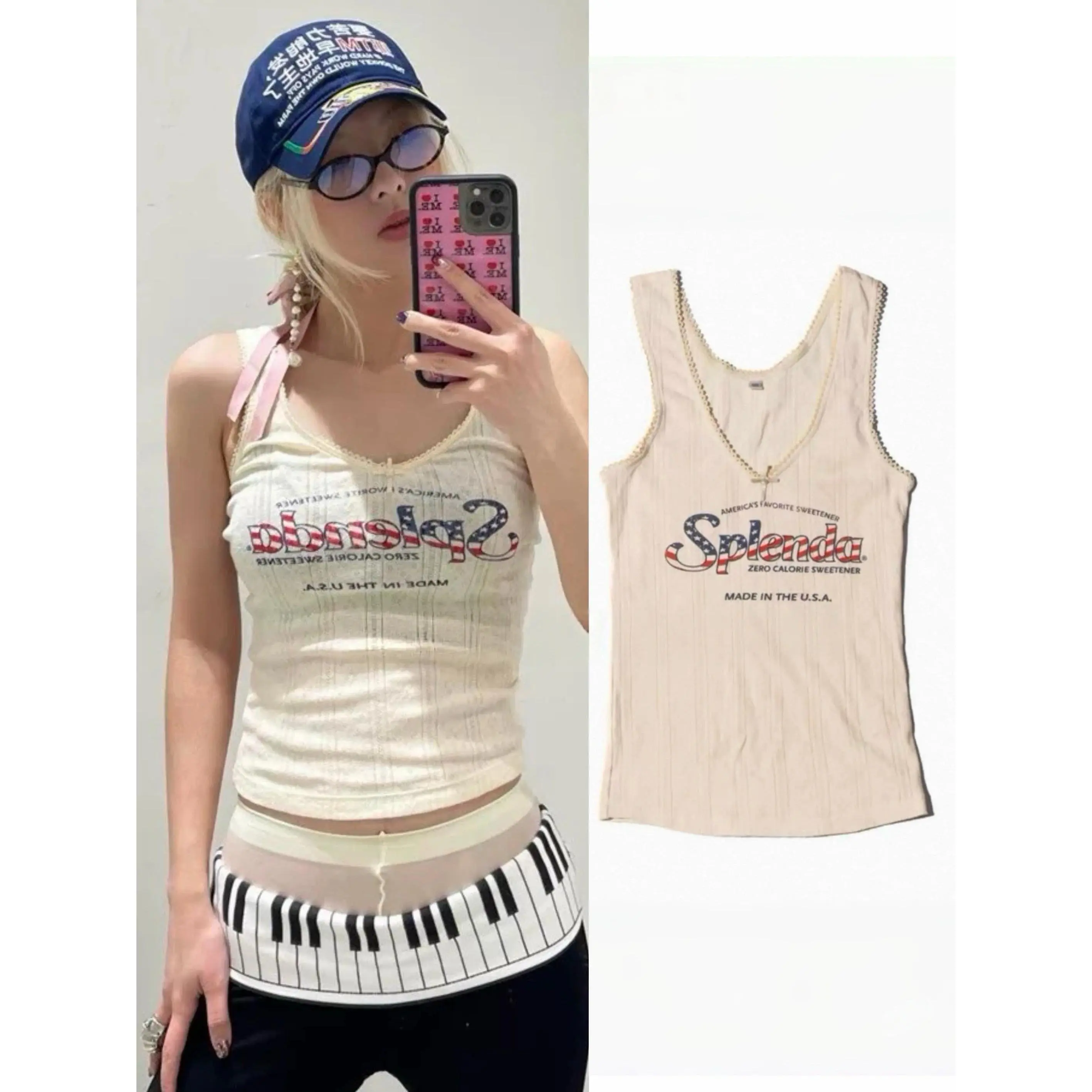 Parying 2026 summer vintage flag star and striped flag lace suspender vest top
