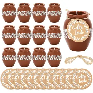 FYSUIMU 12 Sets Cielito Lindo Candles Terracotta Flower Clay Pottery Jar Candles with Paper Tags for Mexican Fiesta Cinco De Mayo Birthday Baby Shower Wedding Party Decoration