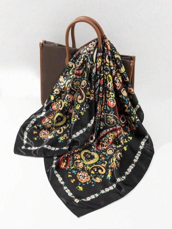 90*90 cm Floral Paisley Silk Scarf, Vintage Plain Design for Women, All-Season Fashion Shawl and Headband