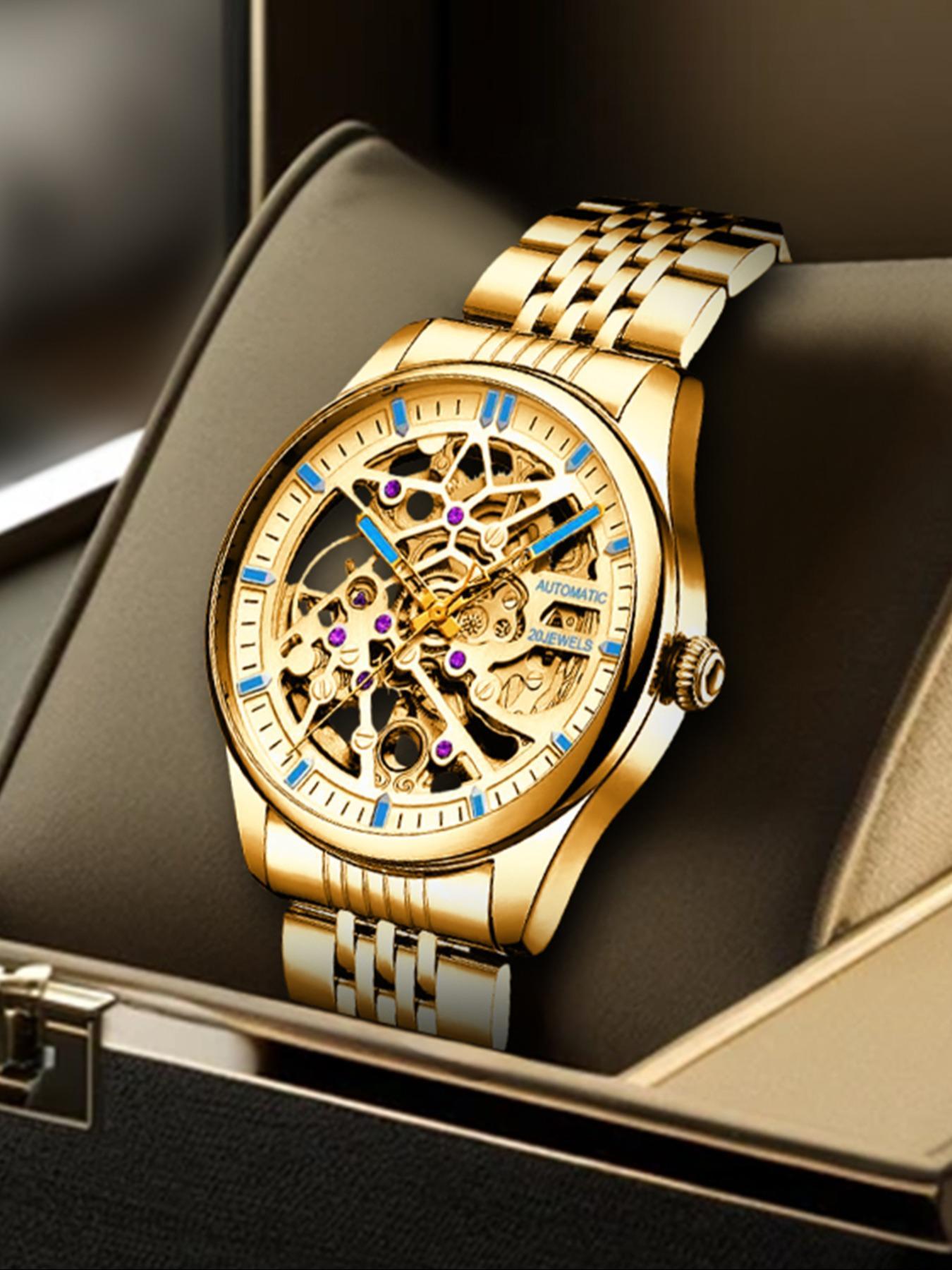 Men's Business Fashion Automatic Round Dial Mechanical Watch with Engraved Design, Elegant All-match Fashion Accessories for Daily Wear, Exquisite Accessories for Birthday Gifts, Mechanical Style Watches