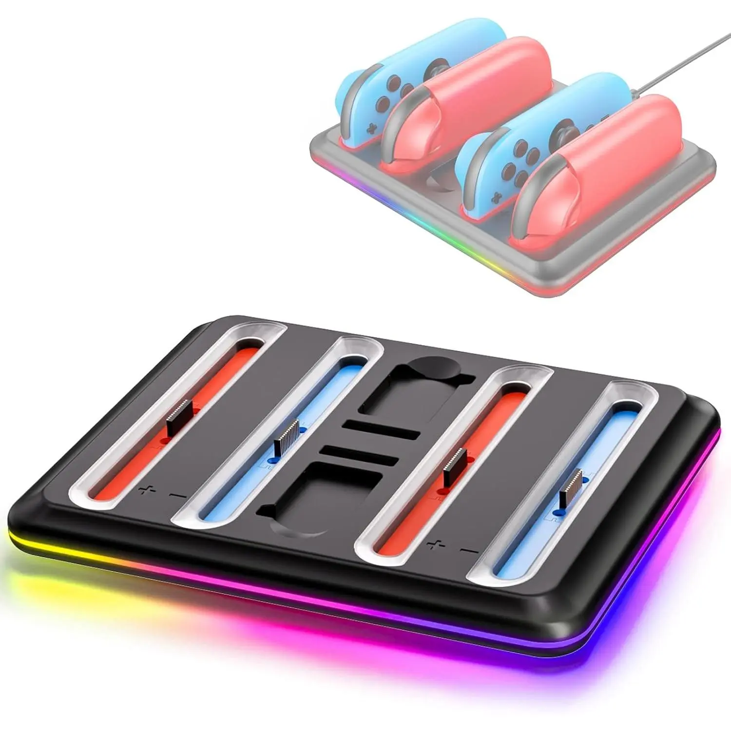 4-in-1 RGB Light Joy-Con Controller Dock Stand Station for Nintendo Switch - 3 RGB Light Modes, 4 Slots, Button, Card Slot, Stable Connection, Lightweight Synthetic Build, Manufacturer Warranty (Fits 2 Joy-Cons & 2 Accessories), Rgb Lights, Manufacturer W