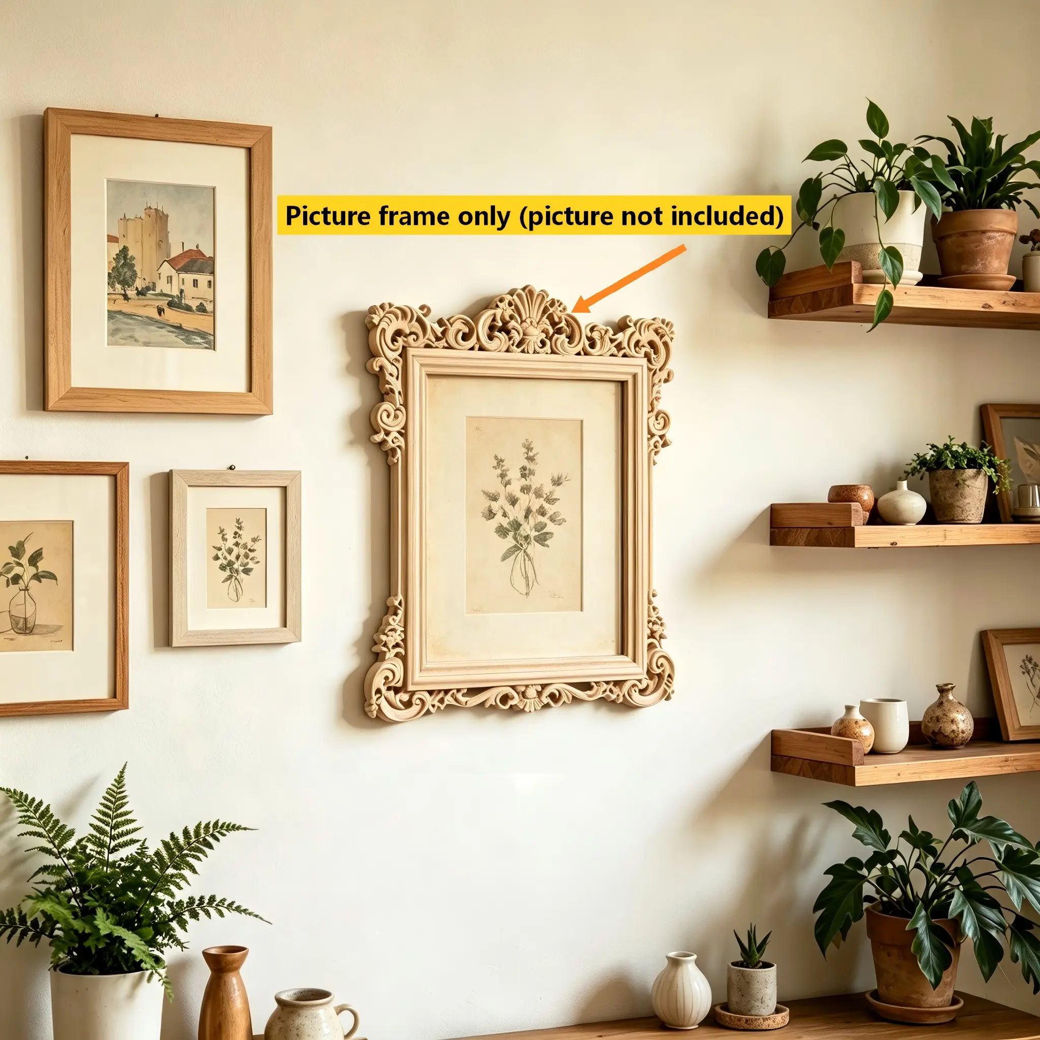 Square Rubber Wood Carved Frame, Wooden Vintage Farmhouse Decorative Carving Picture Frame, Living Room Wall Decoration, Luxury Retro Photo Frame, Home Décor