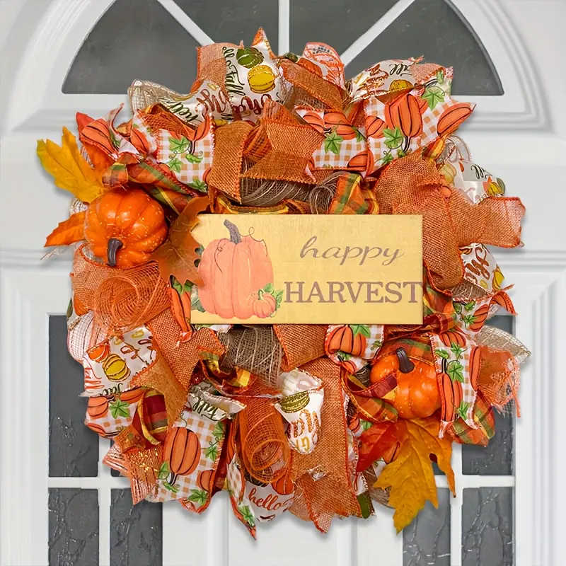 20 Inch Fall Pumpkin Mesh Wreath - Front Door Decor & Dark-Toned Halloween Wreath, with Pumpkins, Wooden Signs, Berries & Mesh, Fall Wreath for Indoor/Outdoor Doors, Windows & Walls, Christmas Decor.front Door Wreath, Wreaths