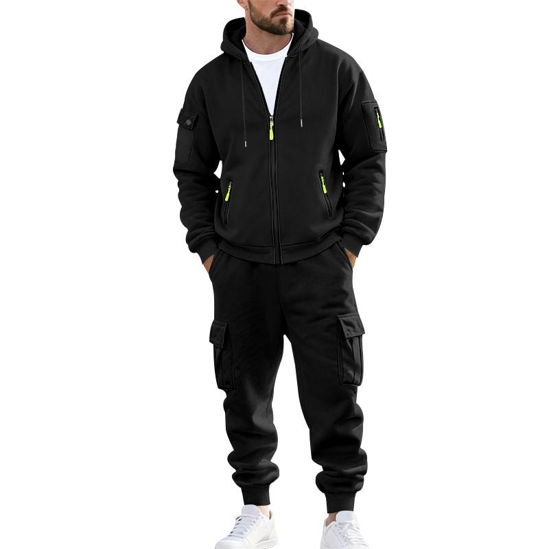 KZZ Men's Winter Fleece-Lined Hoodie & Drawstring Pants Set Warm Casual Long-Sleeve Top & Bottoms Multi-Pocket Design