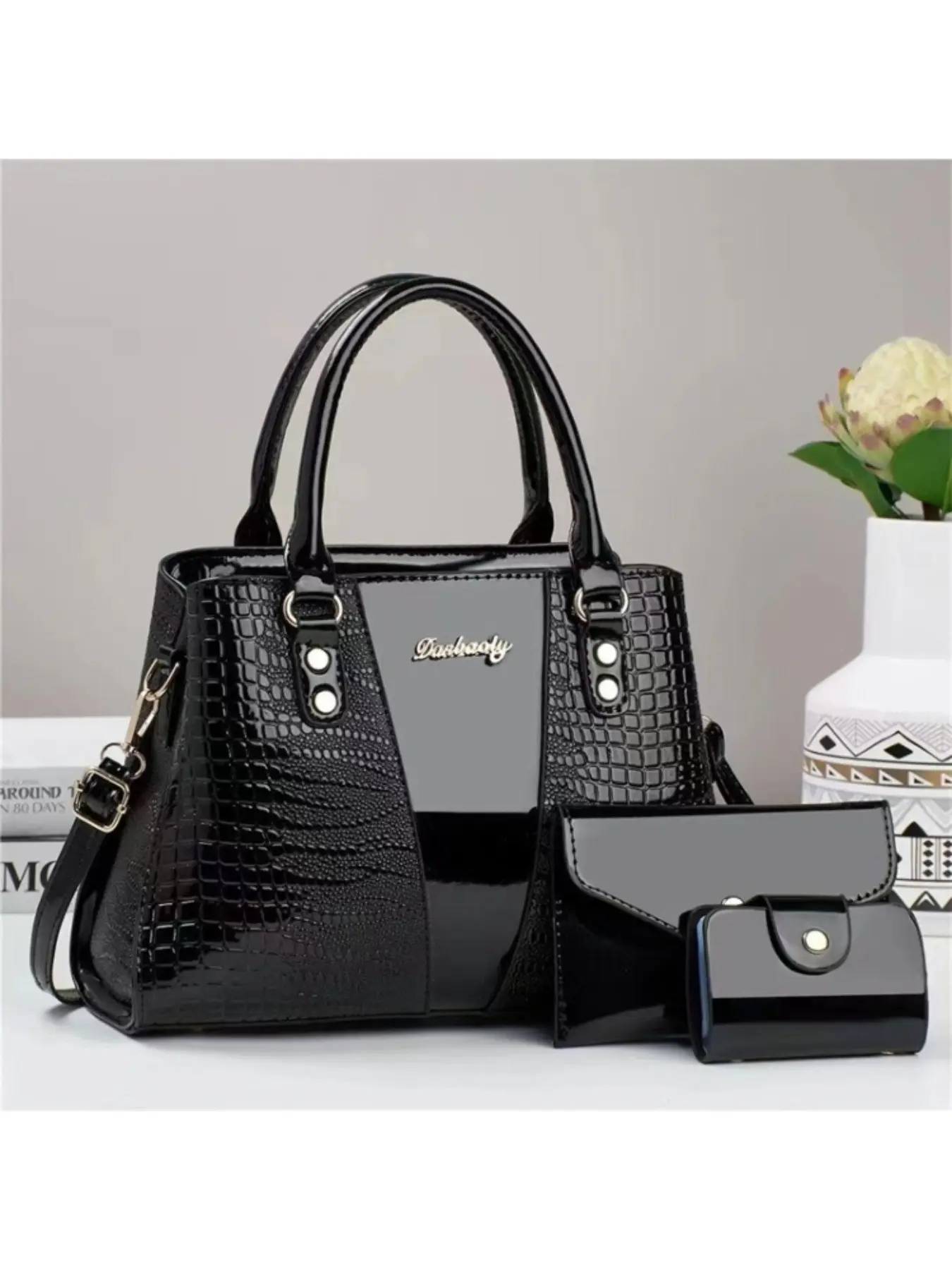 3 Piece Women's Handbag Set, Luxe Stone Pattern, Large Capacity Tote, Detachable Crossbody, Multi-Layer Wallet, Anti-Scratch PU Material