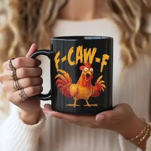 One Amusing Rooster Mug, 11oz Ceramic Coffee Cup, F-Caw-F Text, Rooster Design, Quirky Gift, Humorous Drinkware, Durable