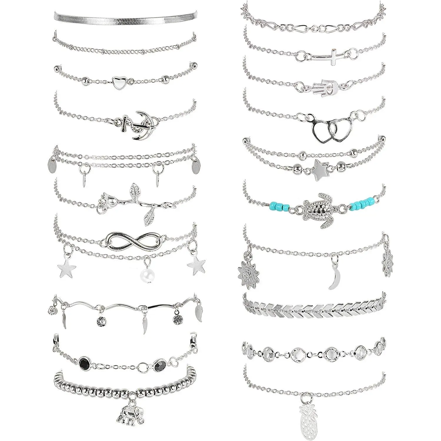 20 count Ankle Bracelets for Women Adjustable Beach Anklet Set Surfer Anklet Heart  Turtle Infinite Anklets Foot