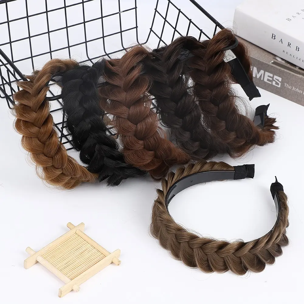 Fishbone Braid Wig Headband for Women, Braided Headband Wig Hair Accessory, Lightweight Twist Braid Hairpiece, No-Slip High Crown Style for Summer, Face Washing, Makeup, Daily Wear
