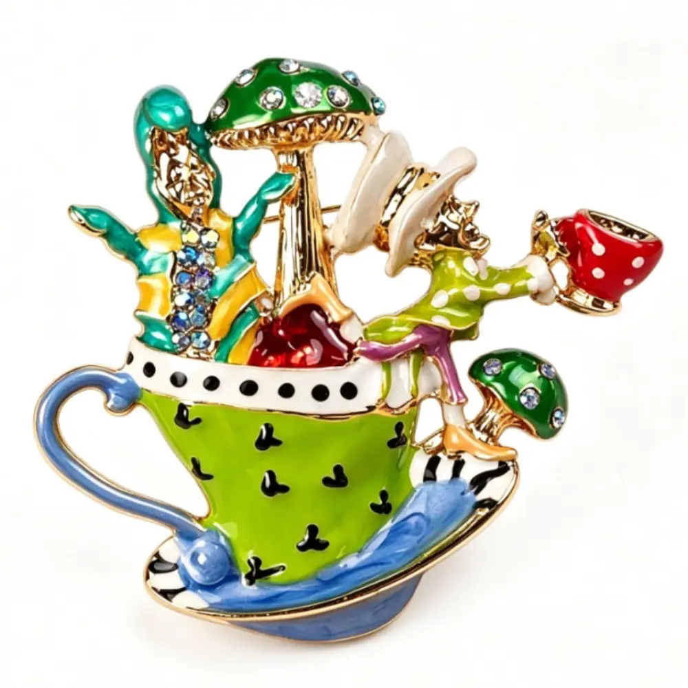 Colorful Enamel Teacup Brooch Mad Hatter and Mushroom Design Alice in Wonderland Fantasy Story Lapel Pin